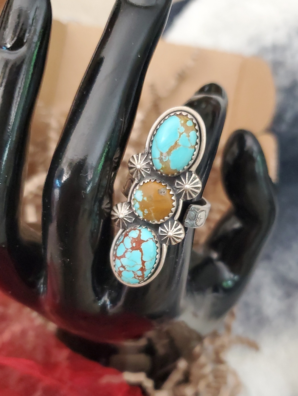 Triple Stone Number 8 Turquoise & Brown Stamped 925 Sterling Ring Women Jewelry